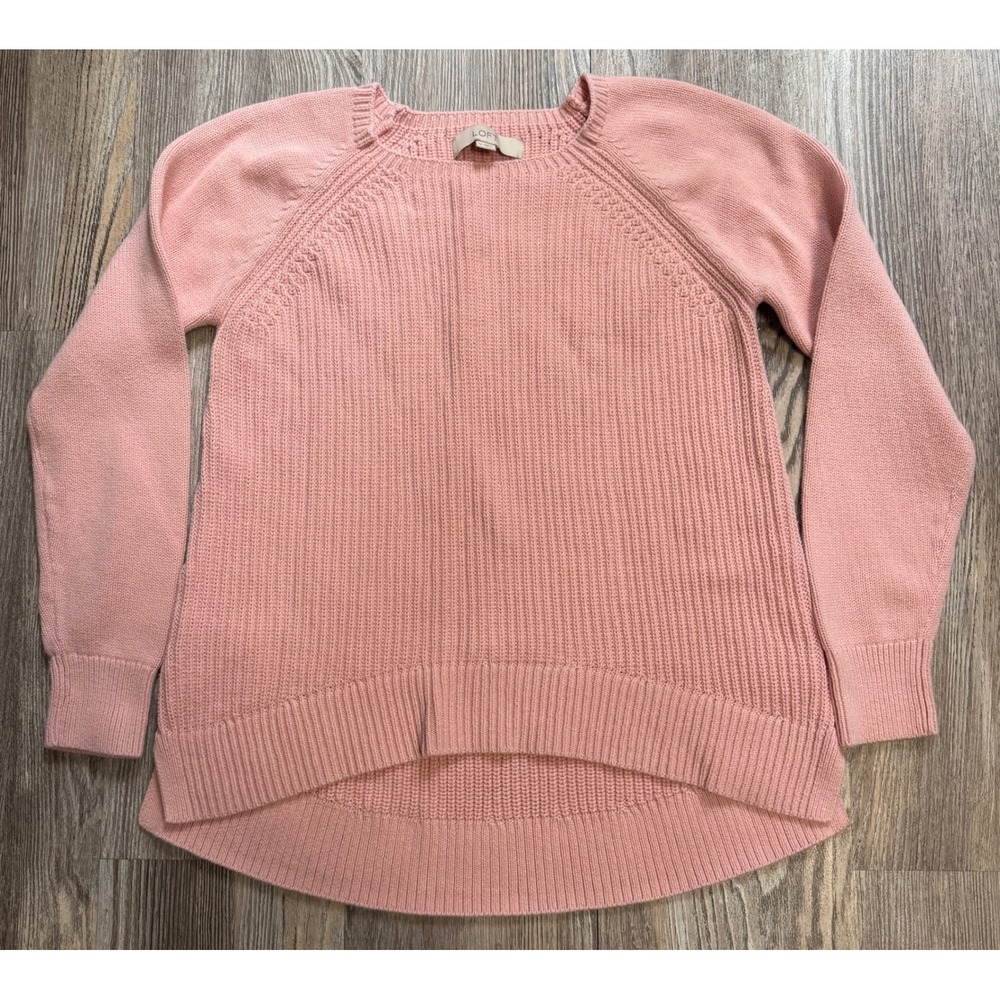 Ann Taylor LOFT Pink Ribbed Cotton Sweater Raglan High Low Hem Size Medium
